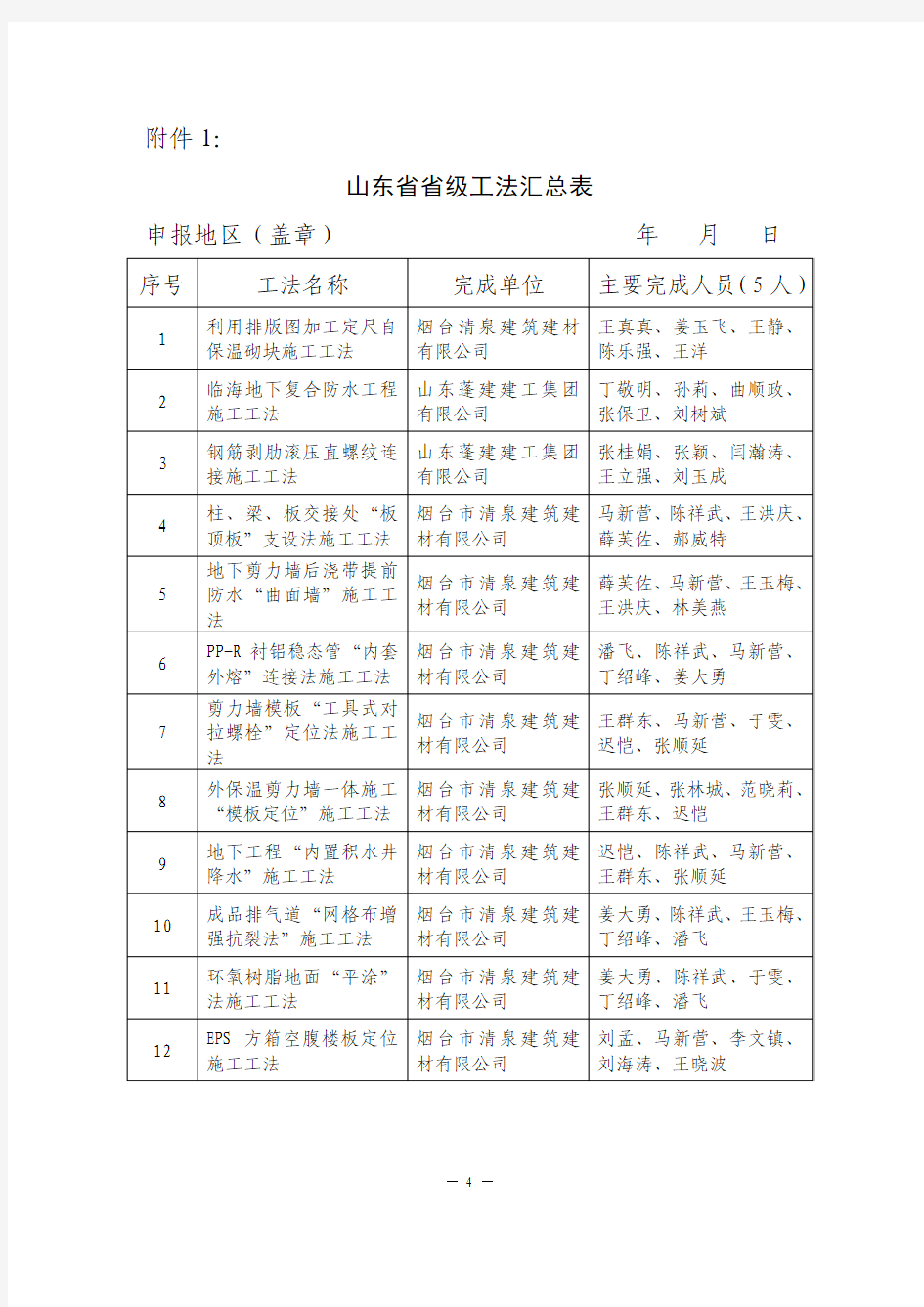 工法汇总表