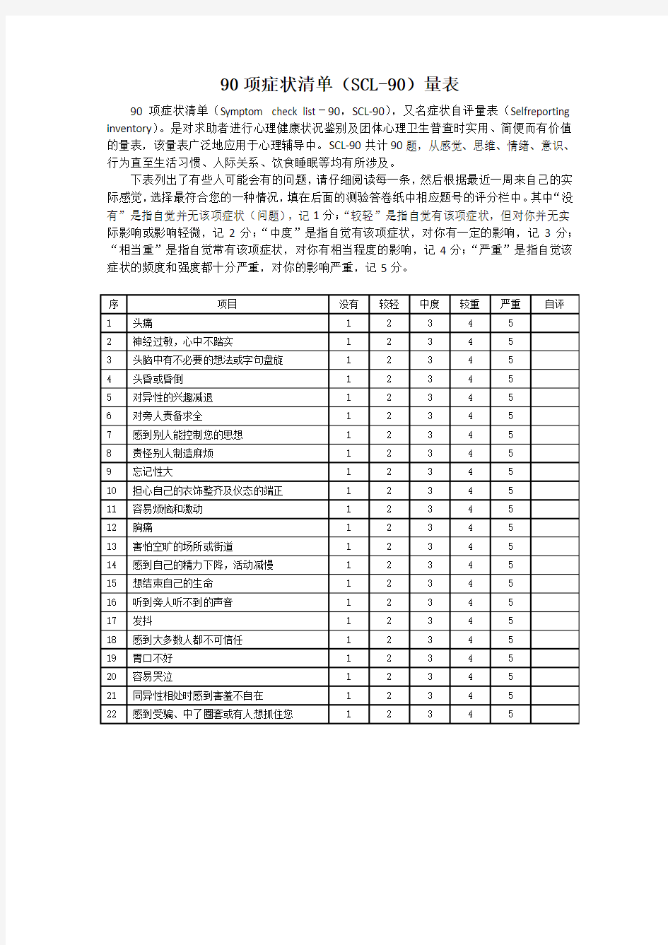 90项症状清单(SCL-90)量表