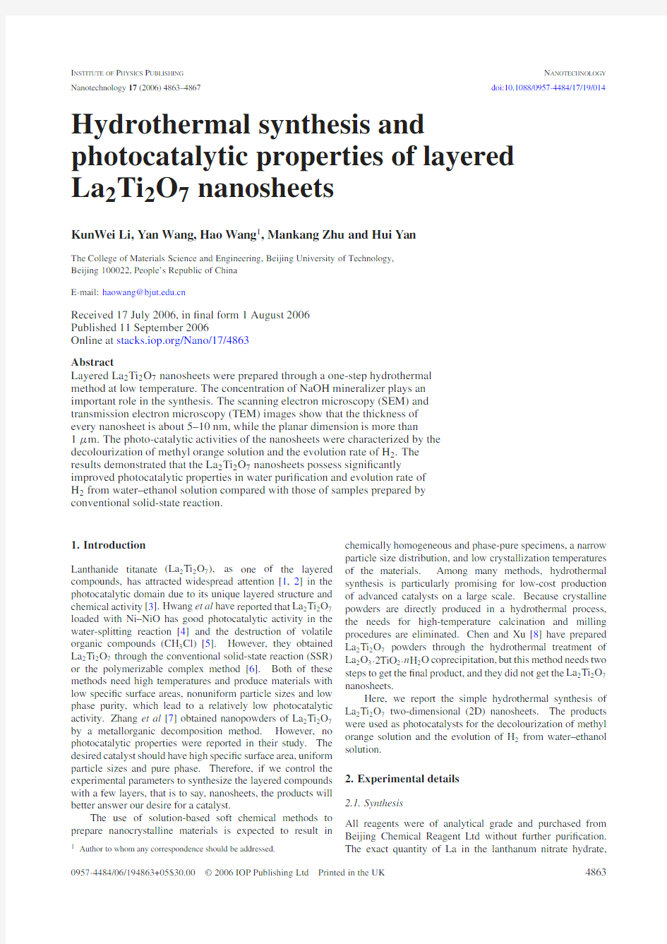 Hydrothermal synthesis and photocatalytic properties of layered La2Ti2O7 nanosheets