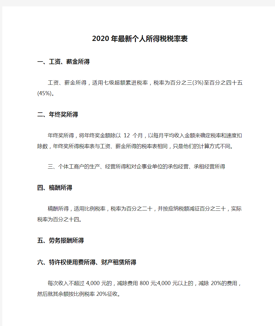 2020年最新个人所得税税率表