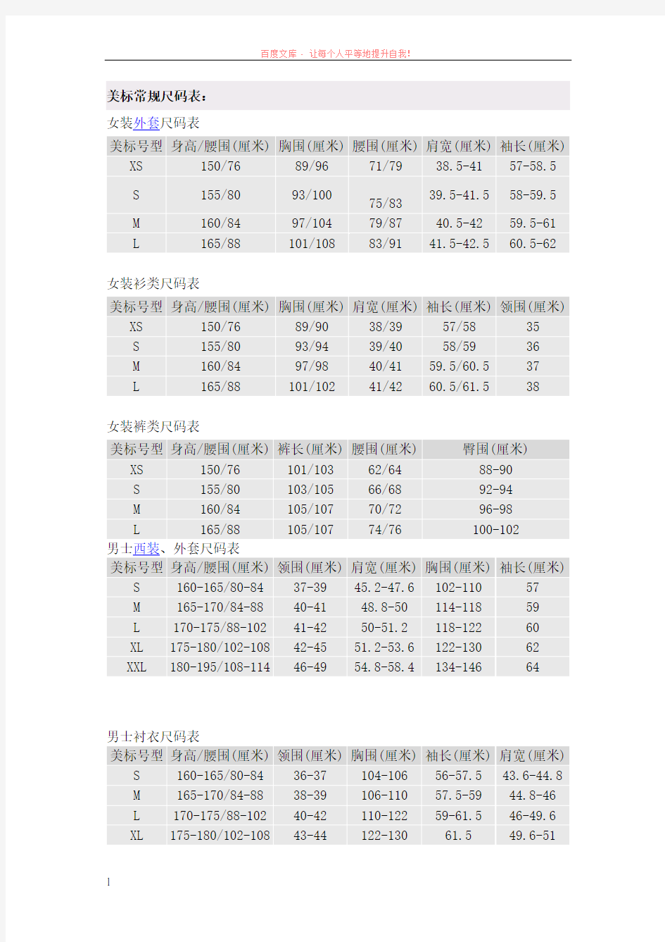 美标欧标衣服尺码对照表