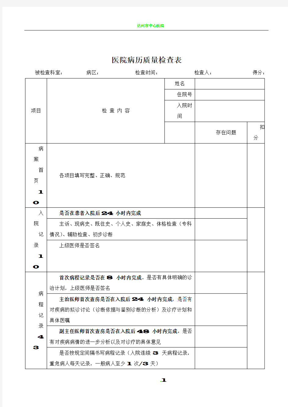 医院住院出院病历质量检查表