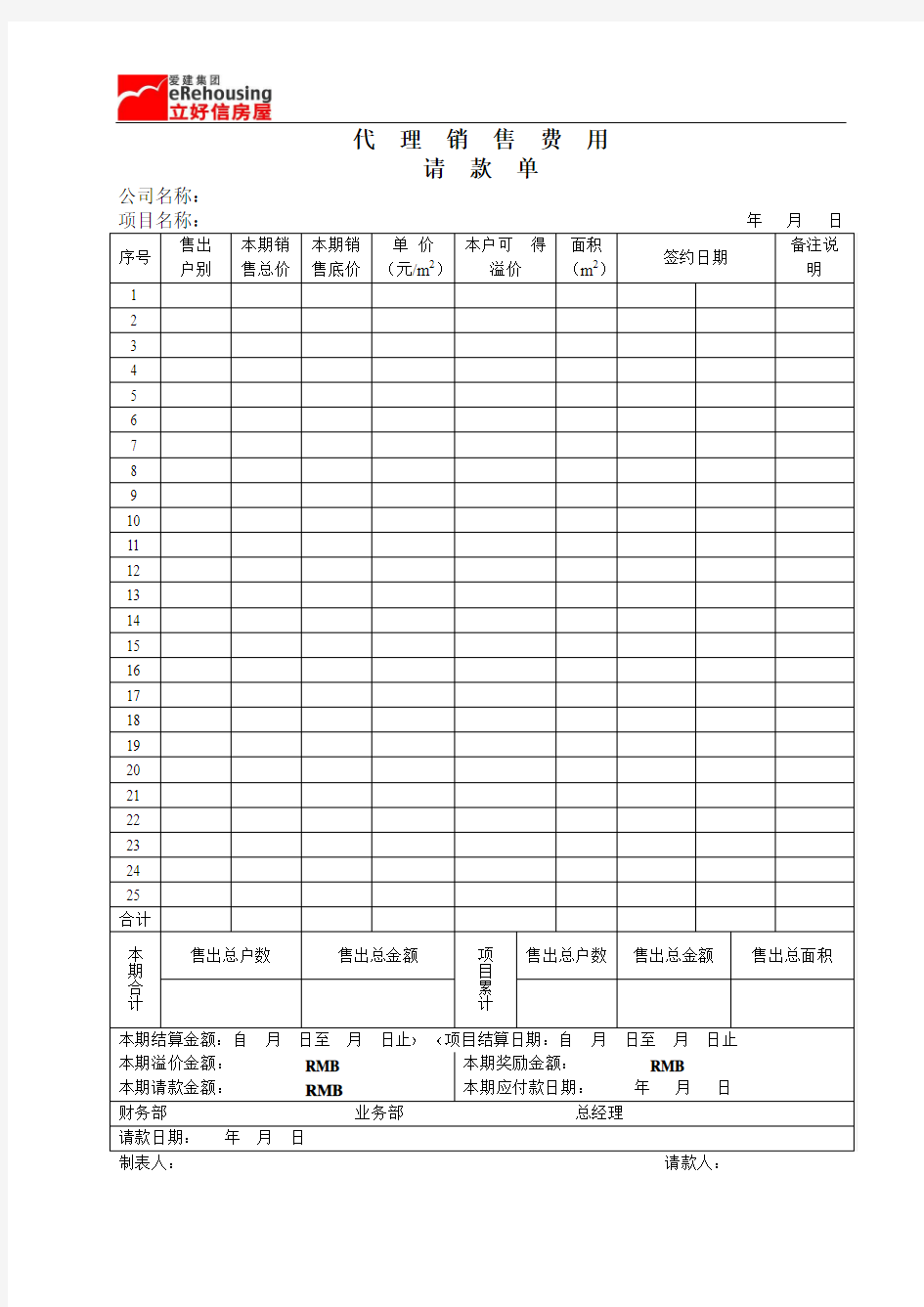 代理销售费用请款单