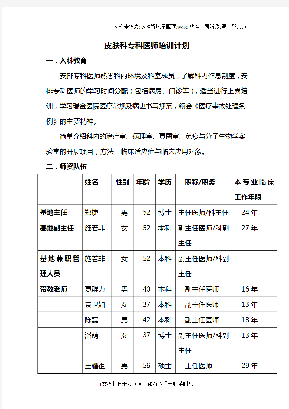 皮肤科专科医师培训计划