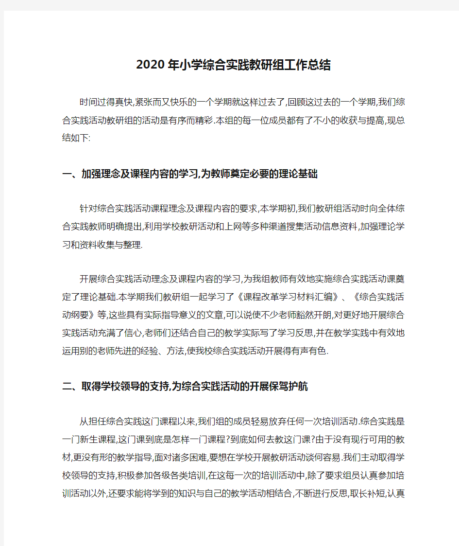 2020年小学综合实践教研组工作总结