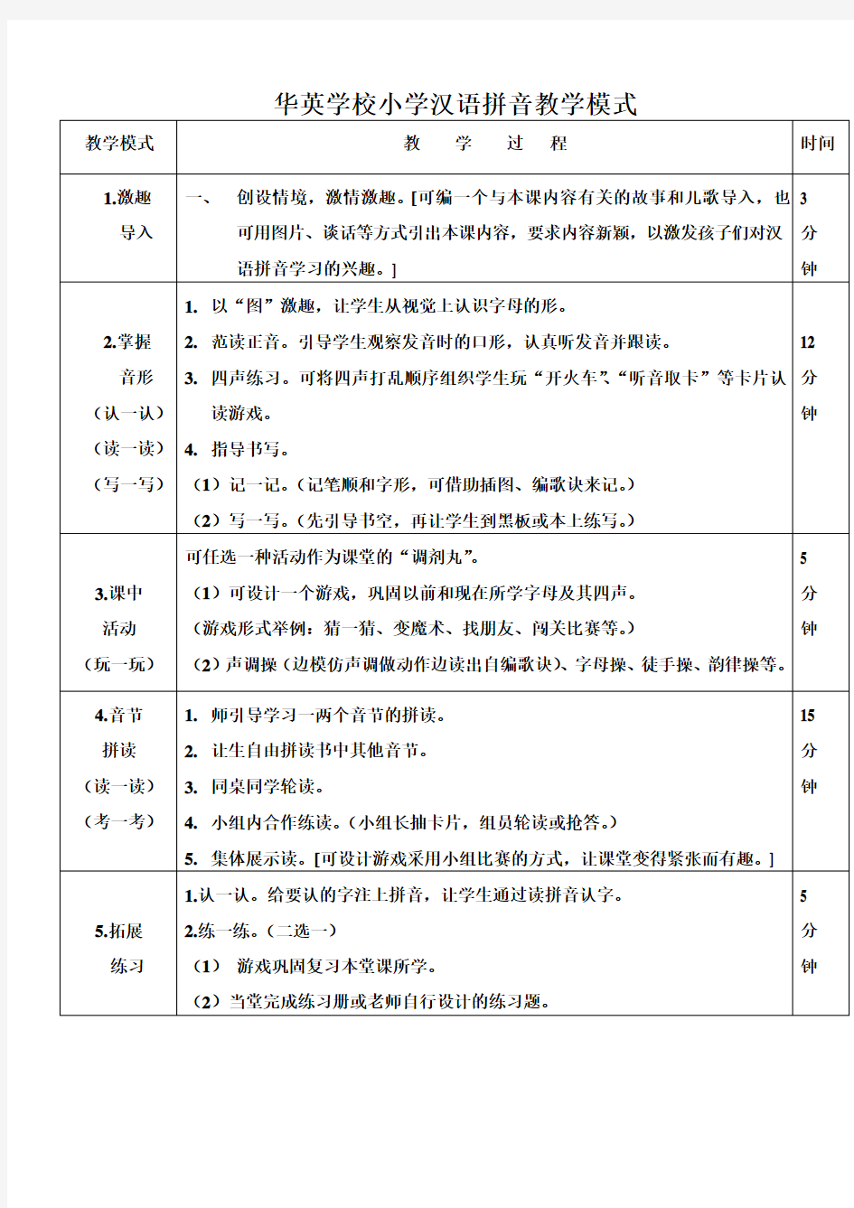 华英学校小学“汉语拼音”教学模式