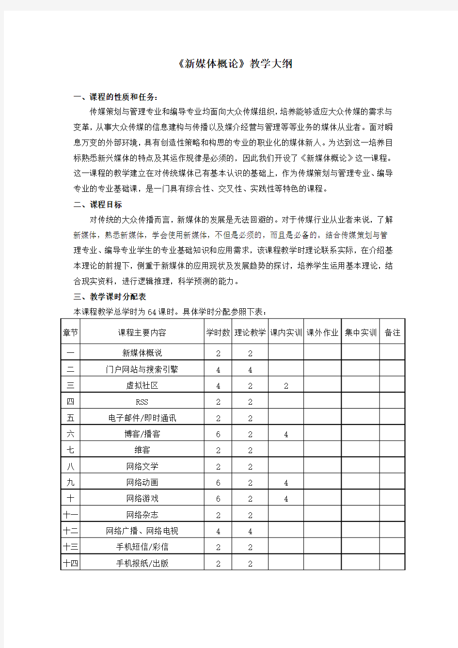 新媒体概论教学大纲与实训大纲