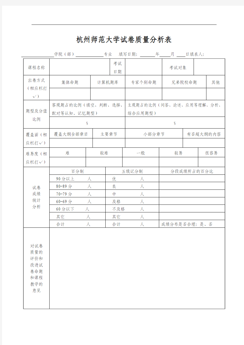 杭州师范大学试卷质量分析表