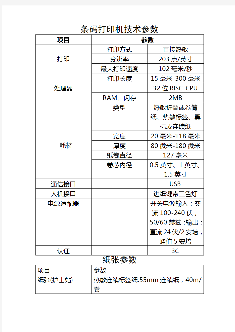 条码打印机技术参数