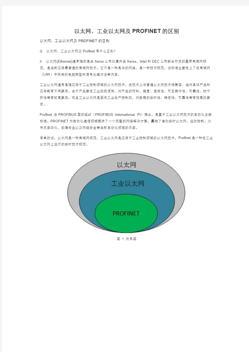 以太网、工业以太网及PROFINET的区别