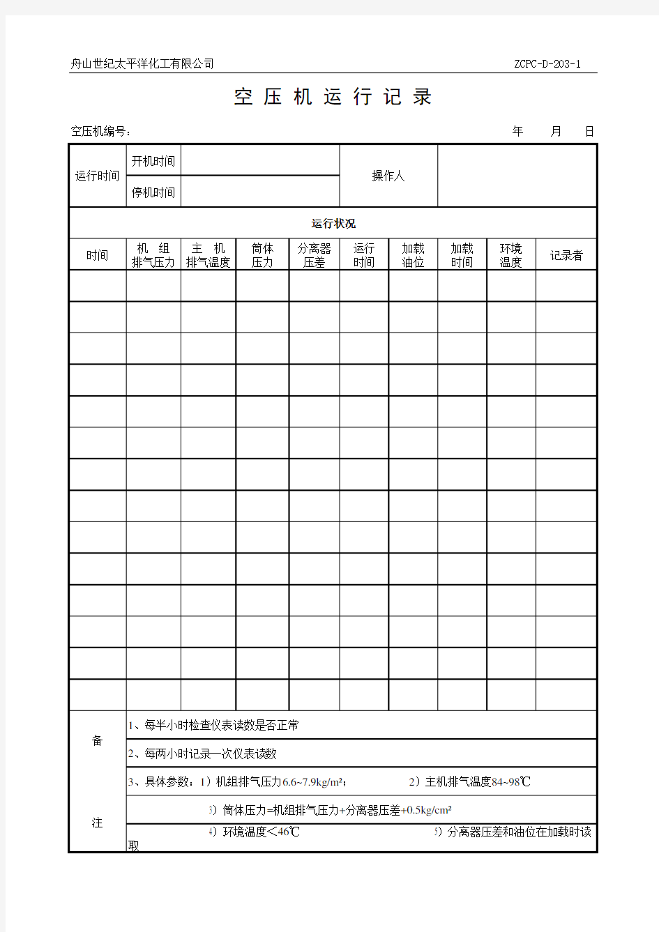 空压机运行记录