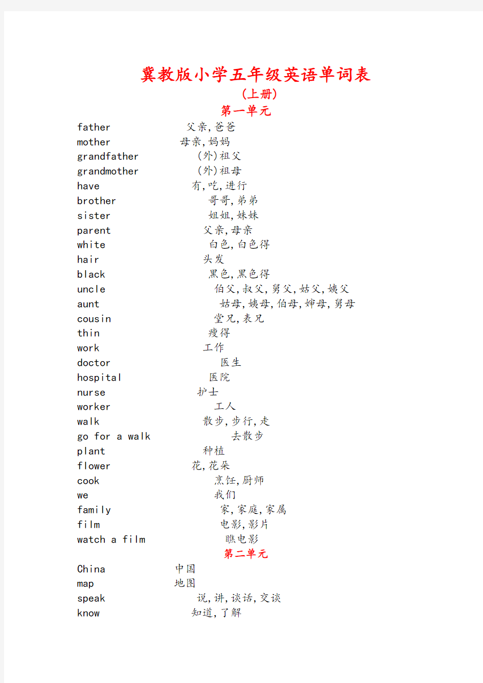 冀教版小学五年级英语单词表