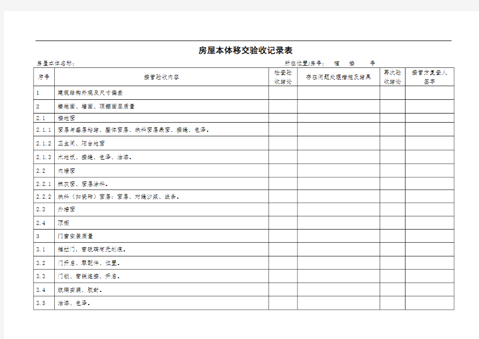 房屋本体移交验收记录表