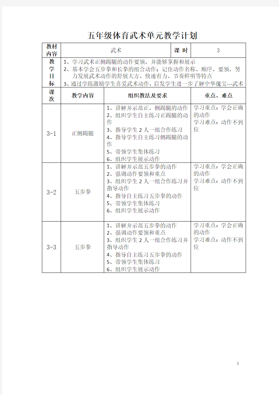 五年级体育武术单元教学计划