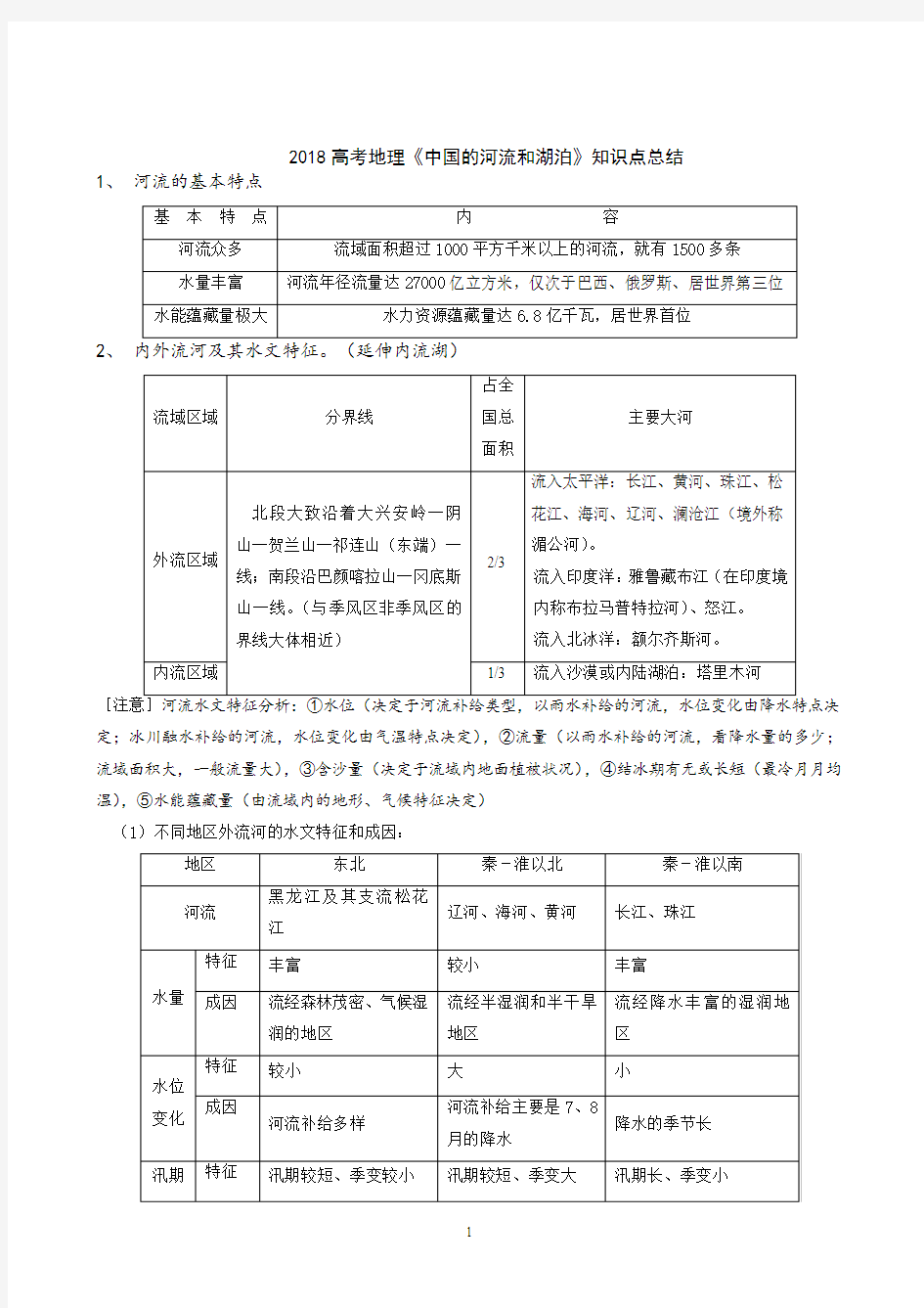 2018高考地理《中国的河流和湖泊》知识点总结