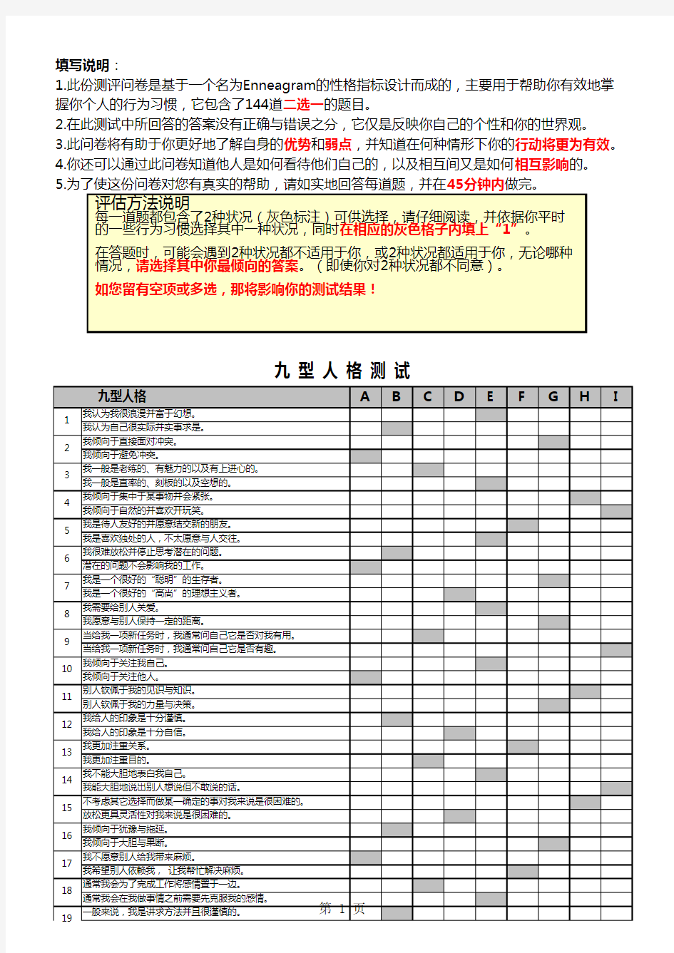 九型人格测试题