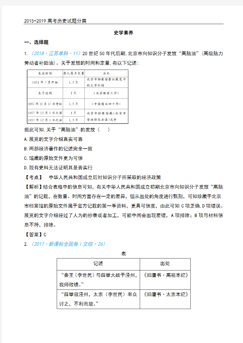 2015-2019高考历史试题分类   史学素养