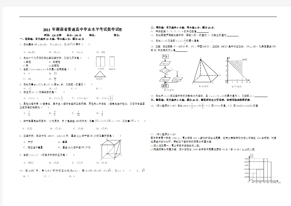 2011年湖南省普通高中学业水平考试数学试卷及答案