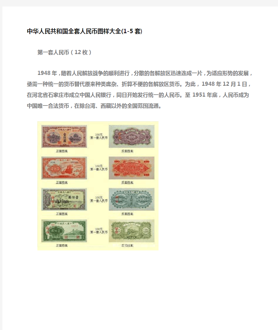 中华人民共和国全套人民币图样大全套