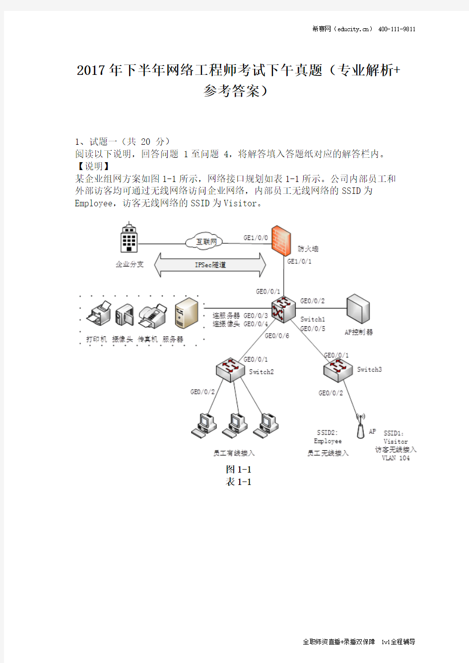 2017年下半年网络工程师考试下午真题(完整版)