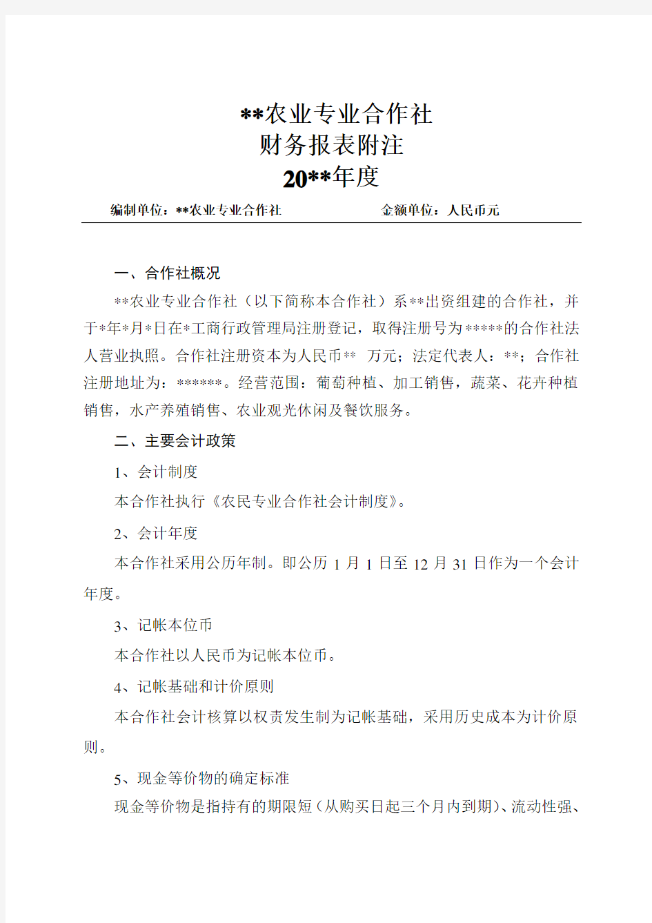 农业专业合作社财务报表附注