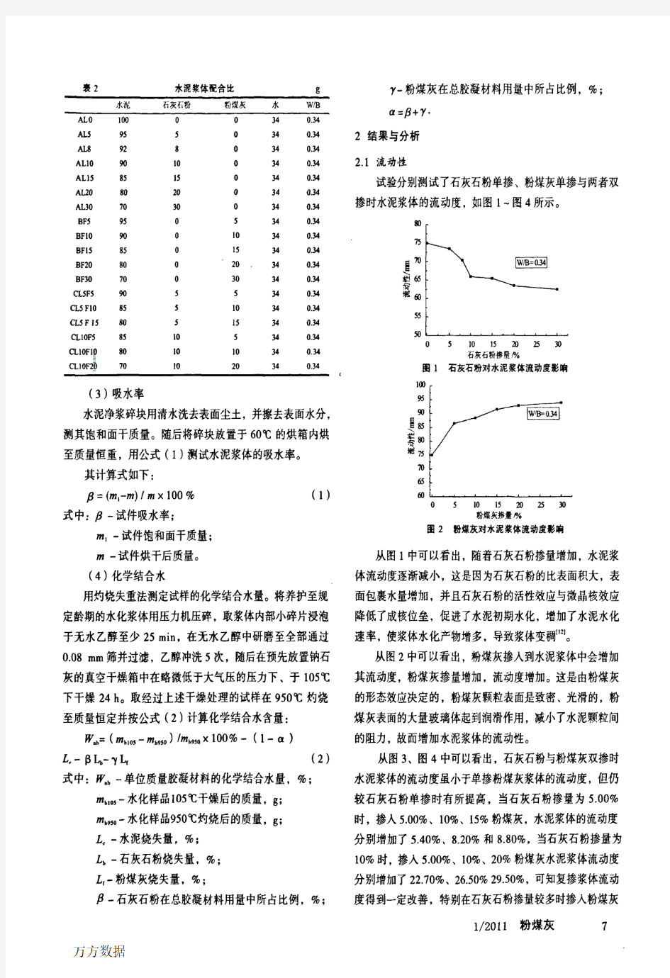 石灰石粉-粉煤灰对水泥浆体性能的影响