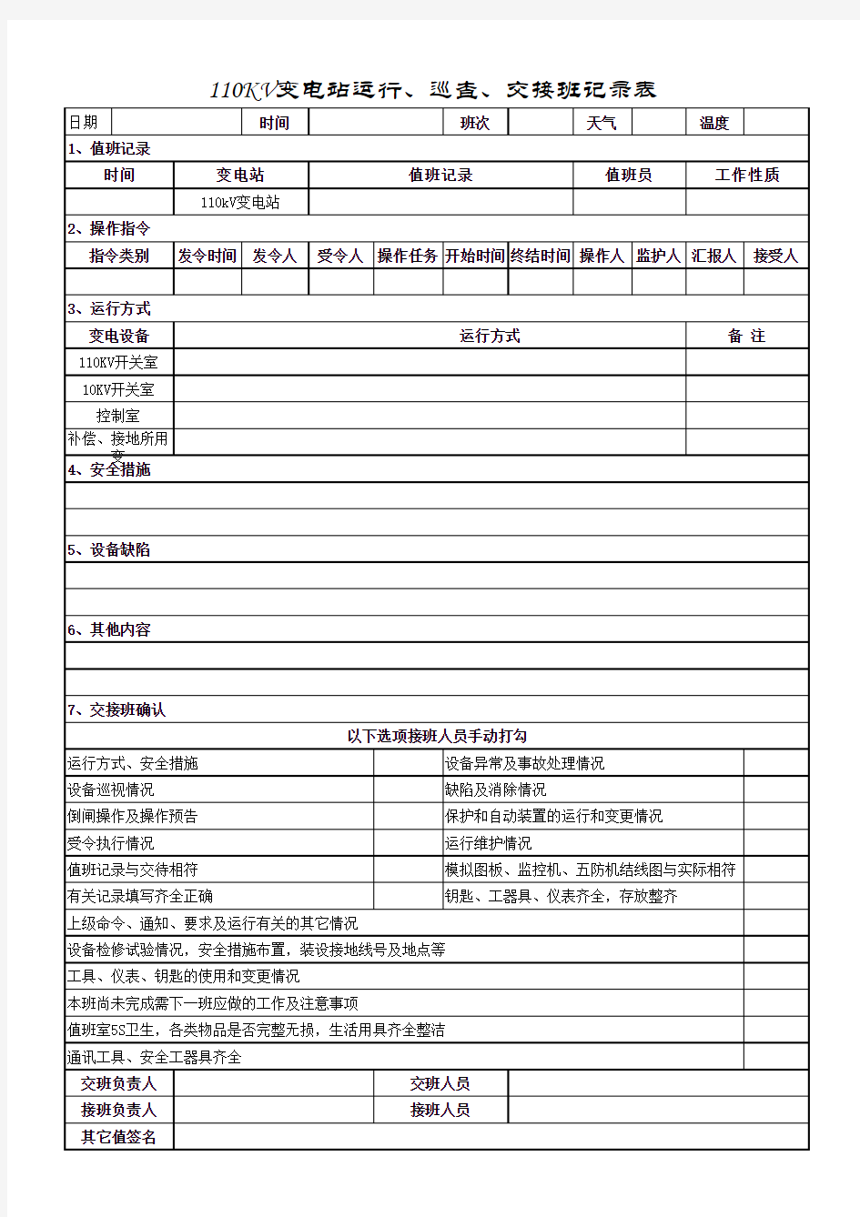 110变电站运行、巡查交接班记录表