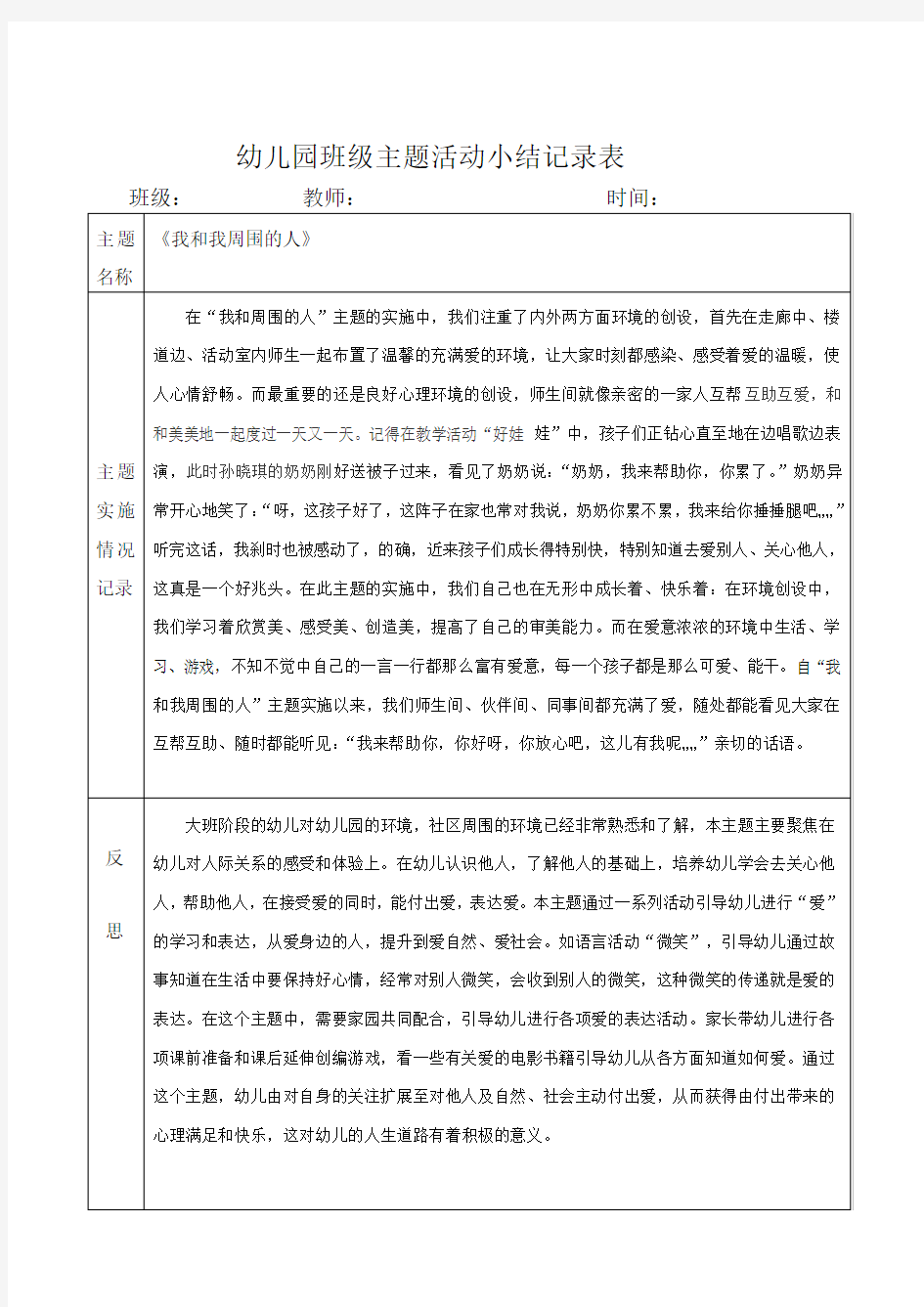 幼儿园班级主题活动小结记录表