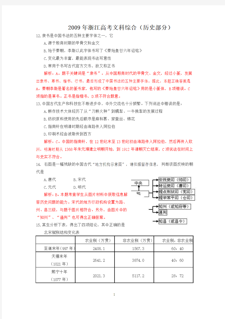 2009年高考浙江文综历史部分解析(2009-6-9)
