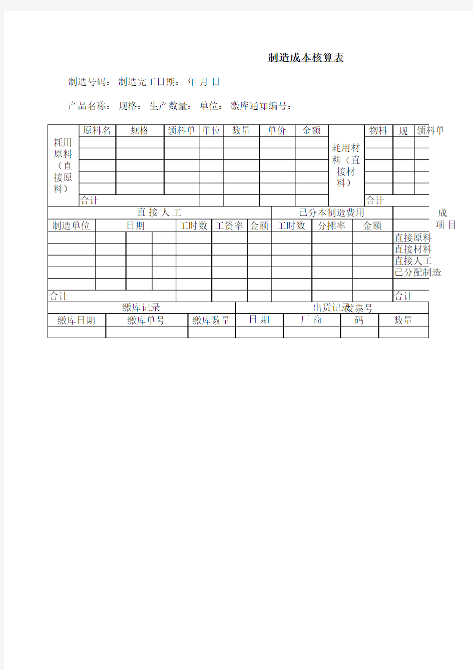 成本核算表格