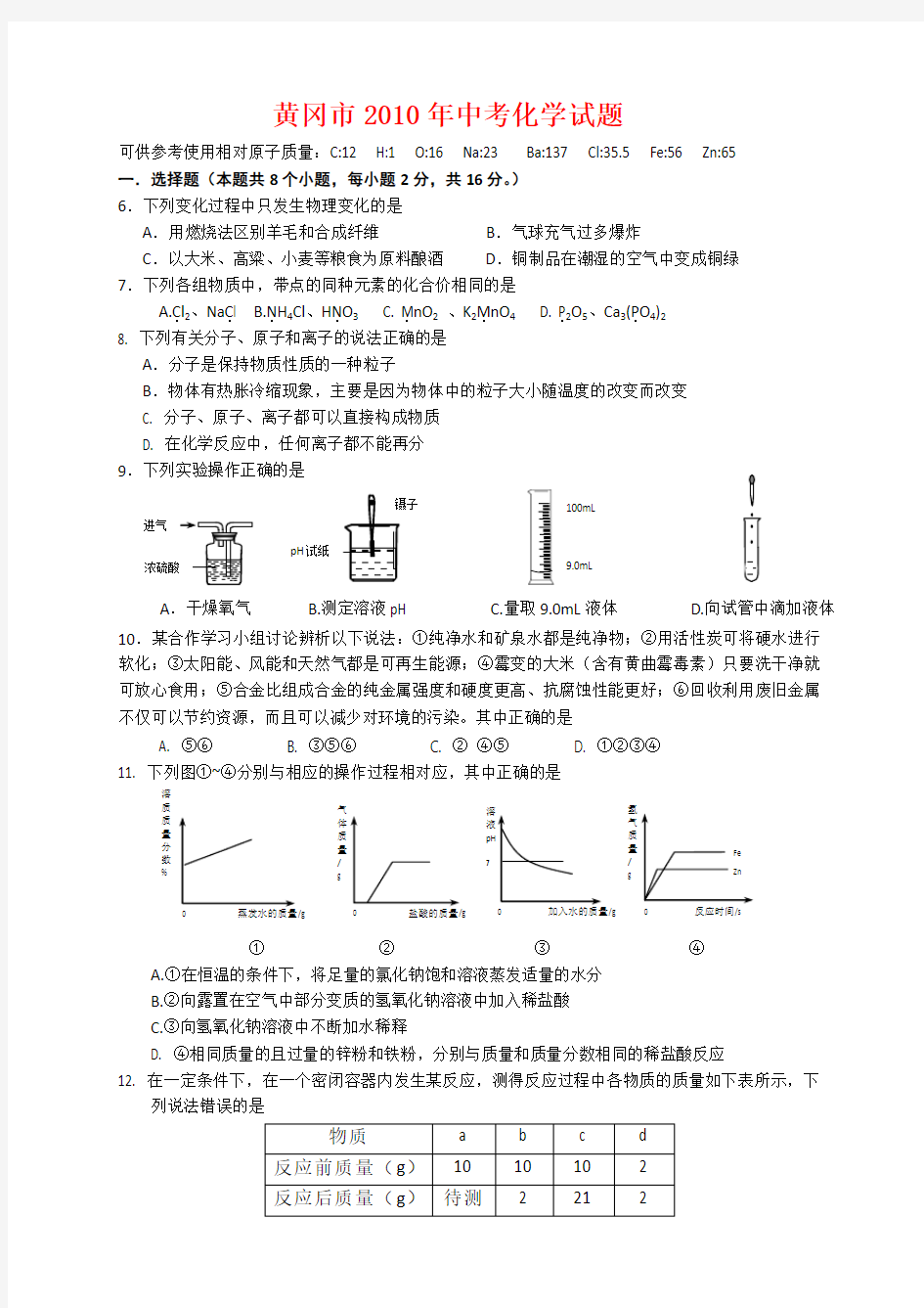 2010年黄冈中学中考化学试题  附答案及评分标准