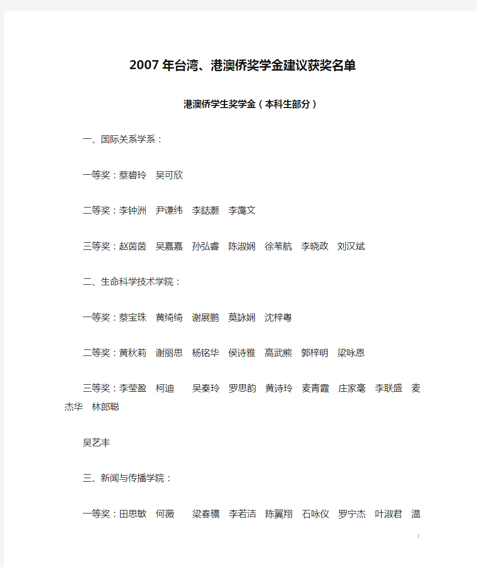 2007年台湾、港澳侨奖学金建议获奖名单