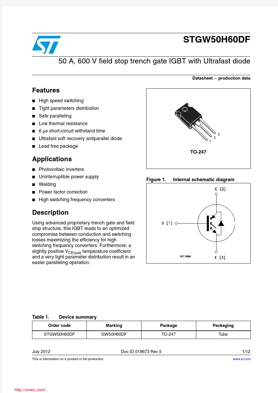 STGW50H60DF;中文规格书,Datasheet资料