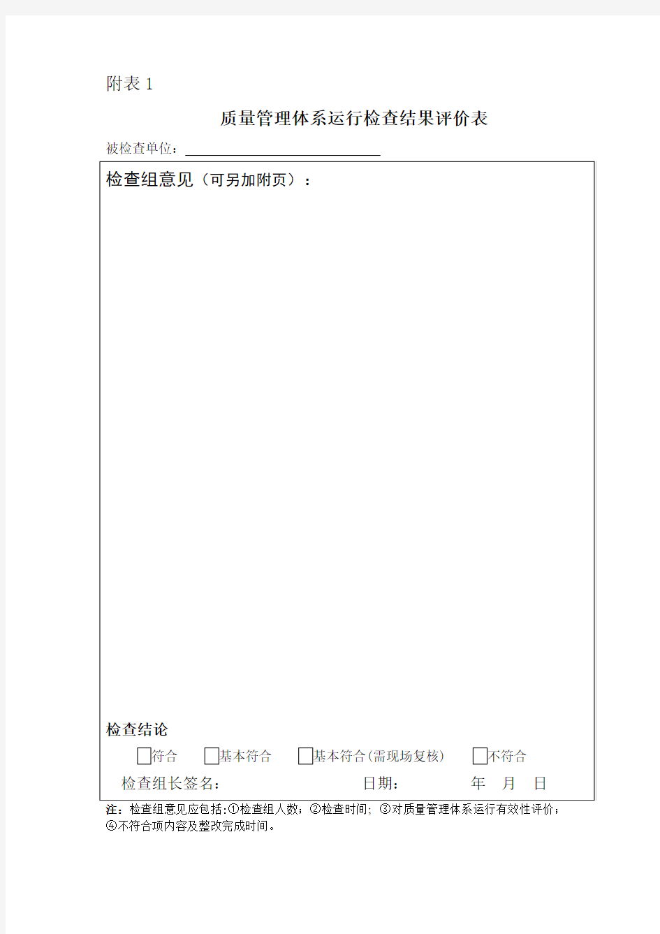质量管理体系运行检查结果评价表