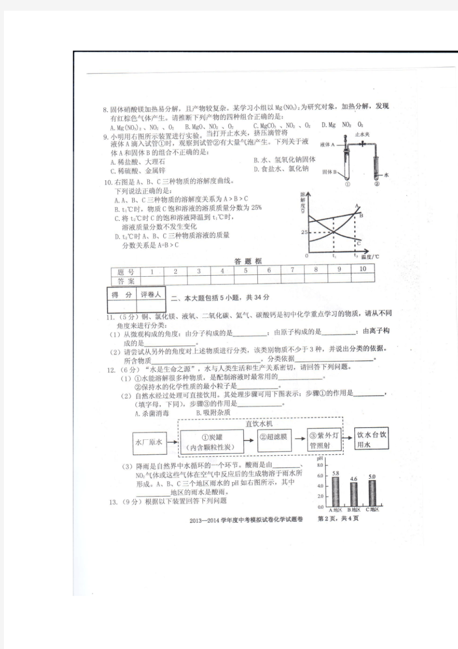 安徽省合肥地区2014年中考模拟化学试卷(扫描版)