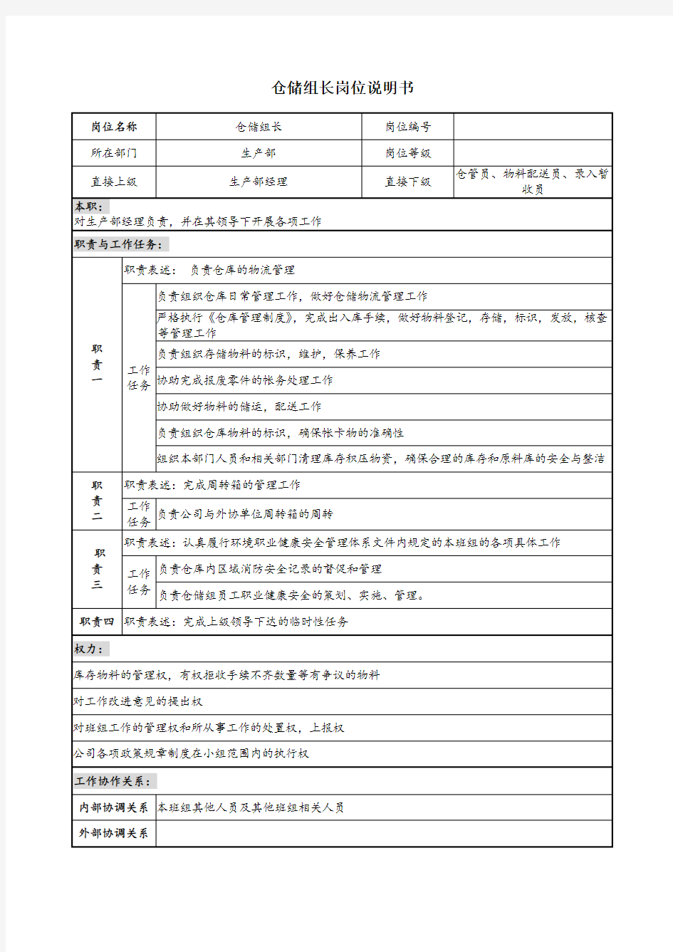 仓储组长岗位说明书