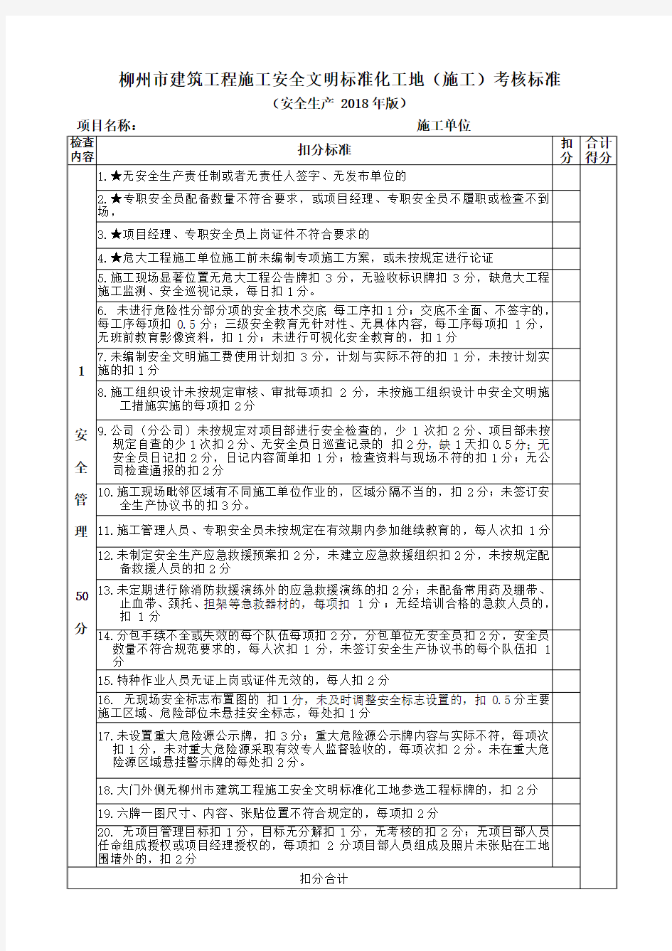 建筑工程施工安全文明标准化工地考核标准(2018年版)