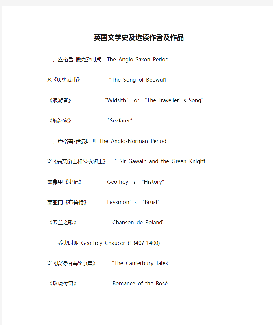 英国文学史及选读作者及作品