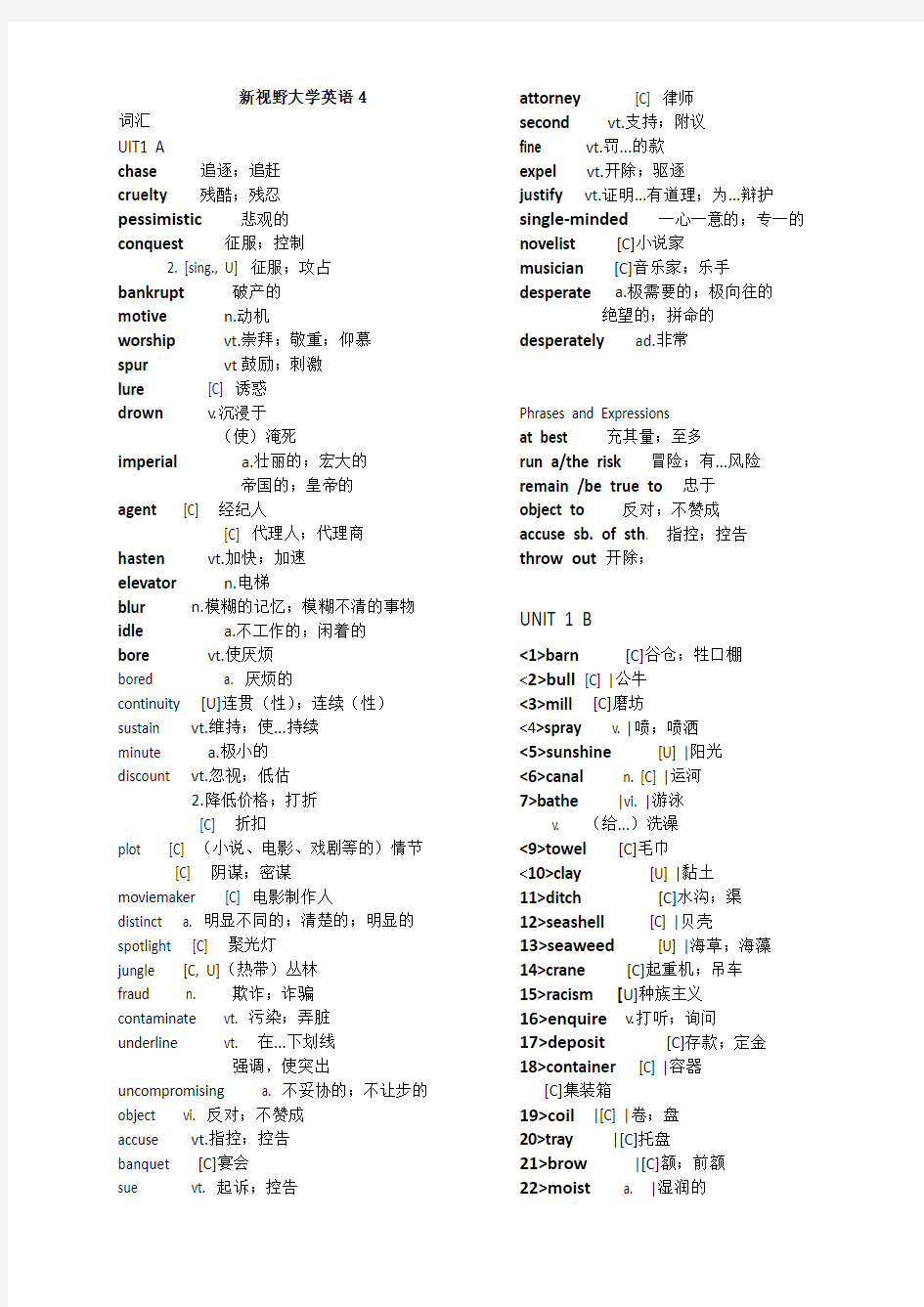 (完整word版)新视野大学英语4读写教程单词