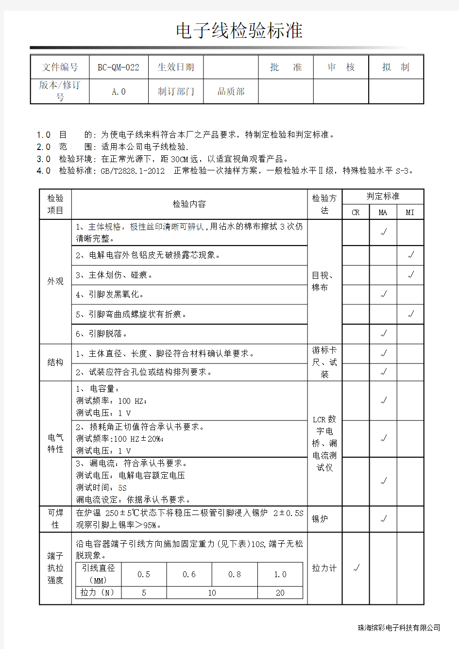 电子线检验标准