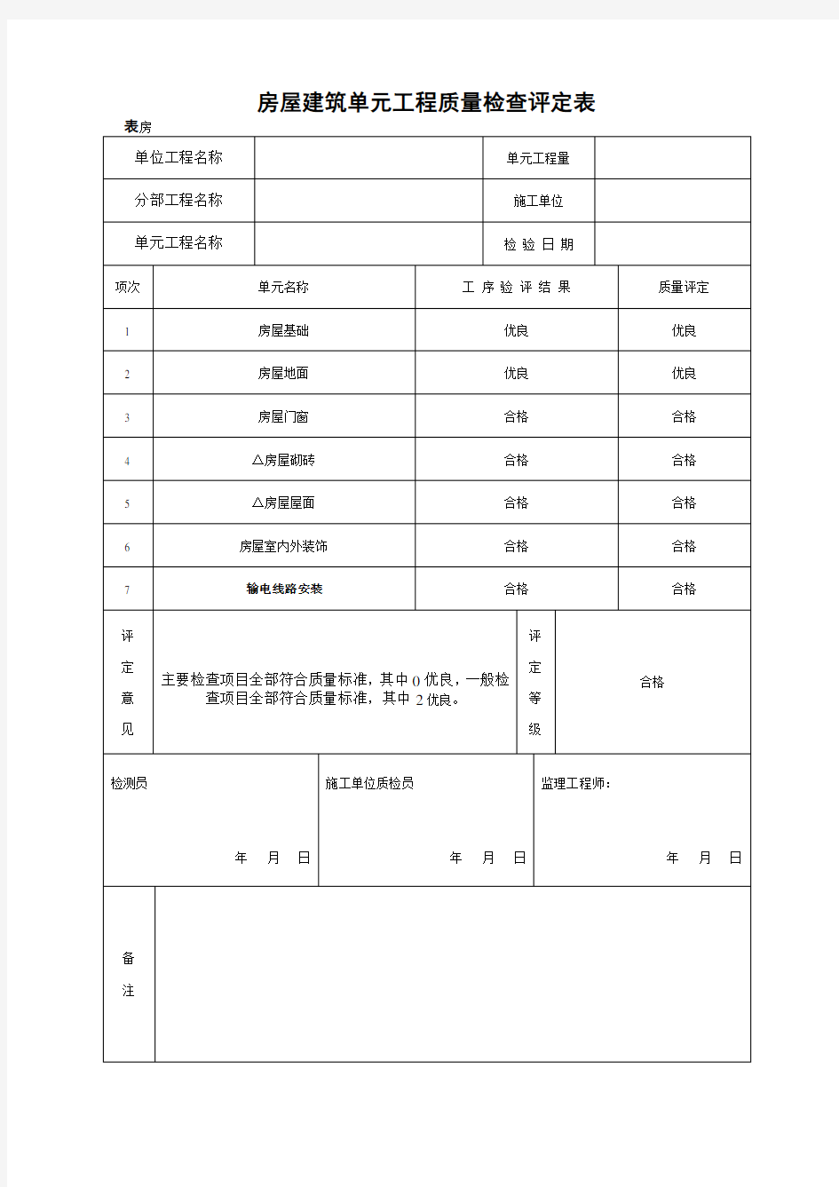 房屋建筑单元工程质量检查评定表