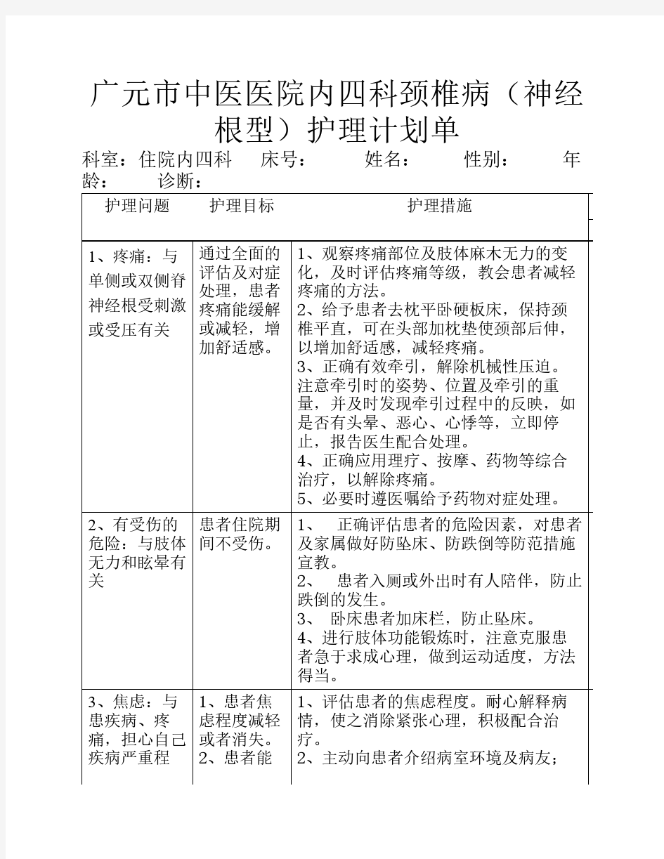 内四科颈椎病(神经根型)护理计划单