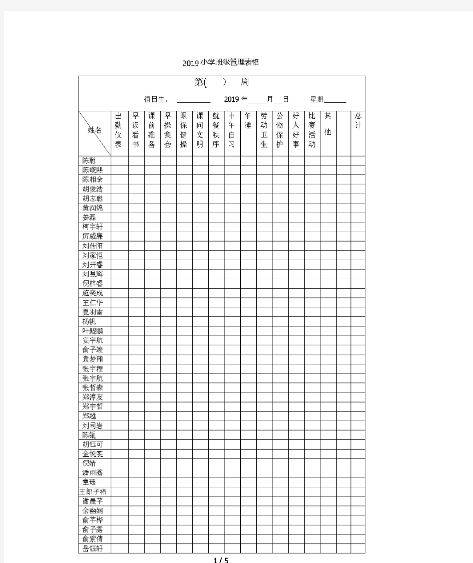 2019小学班级表格