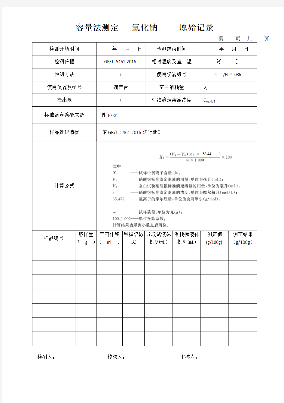 容量法测定   氯化钠     原始记录