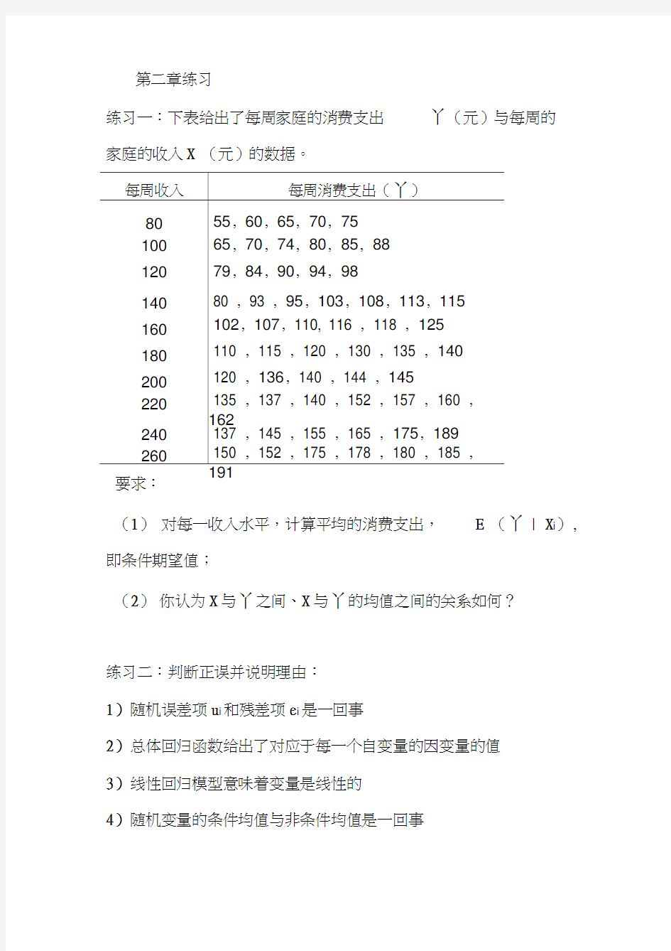 一元线性回归模型练习题