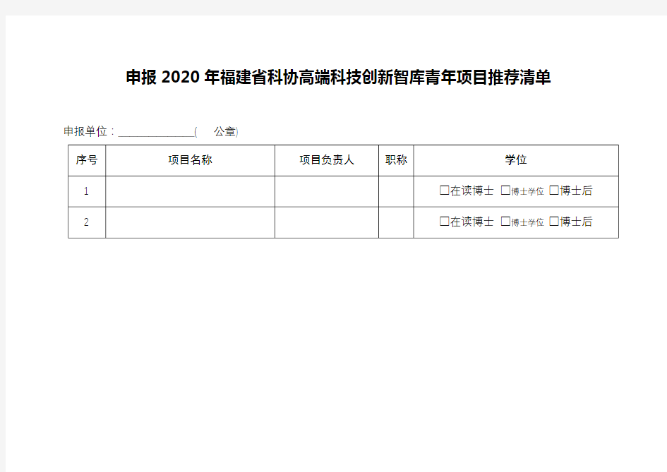 申报2020年福建省科协高端科技创新智库青年项目推荐清单【模板】