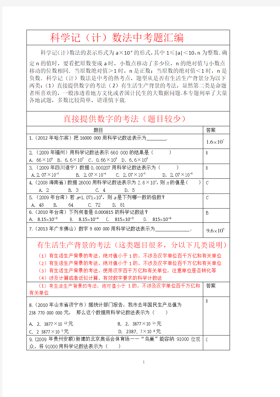 科学计数法中考题汇编