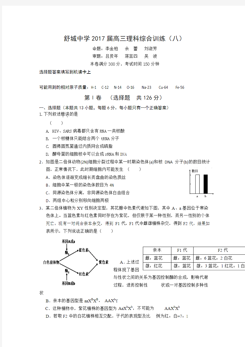 安徽省舒城中学2017届高三理科综合训练(八)