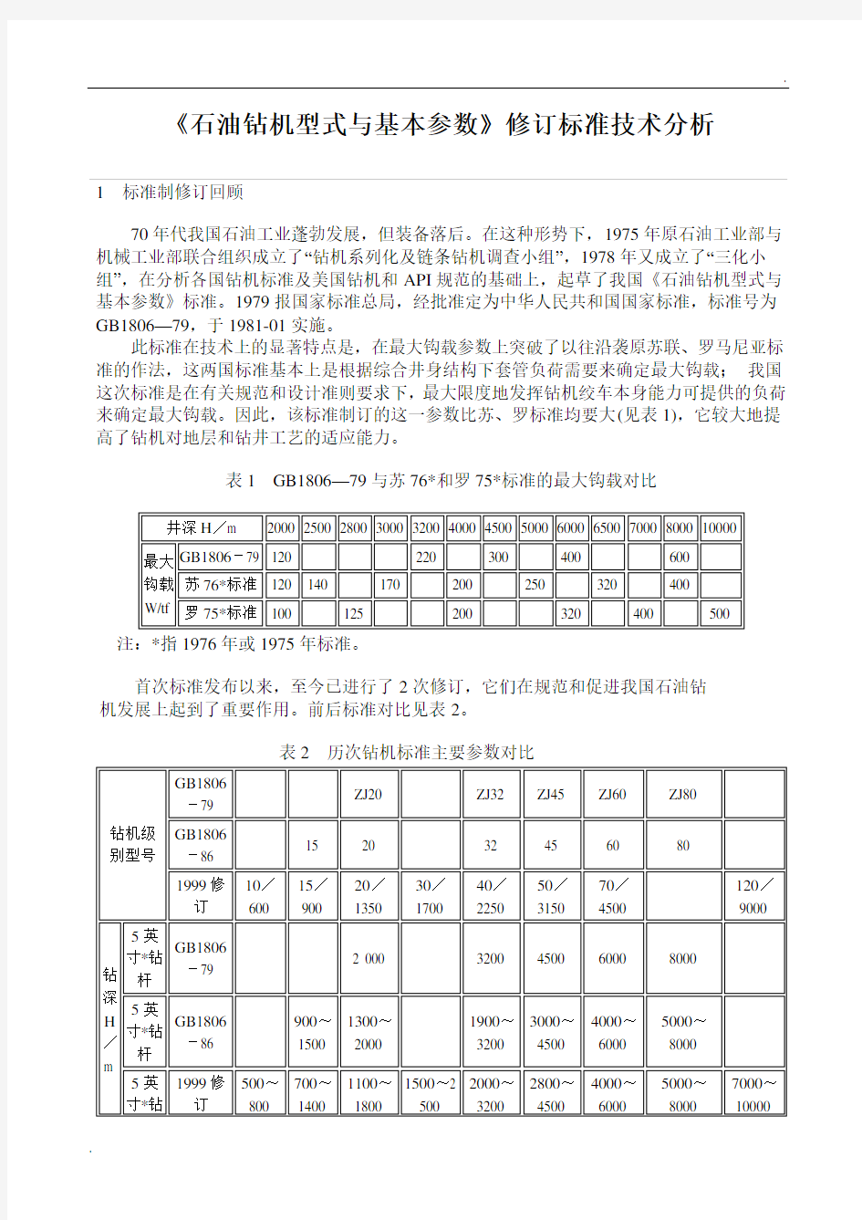 石油钻机型式与基本参数标准