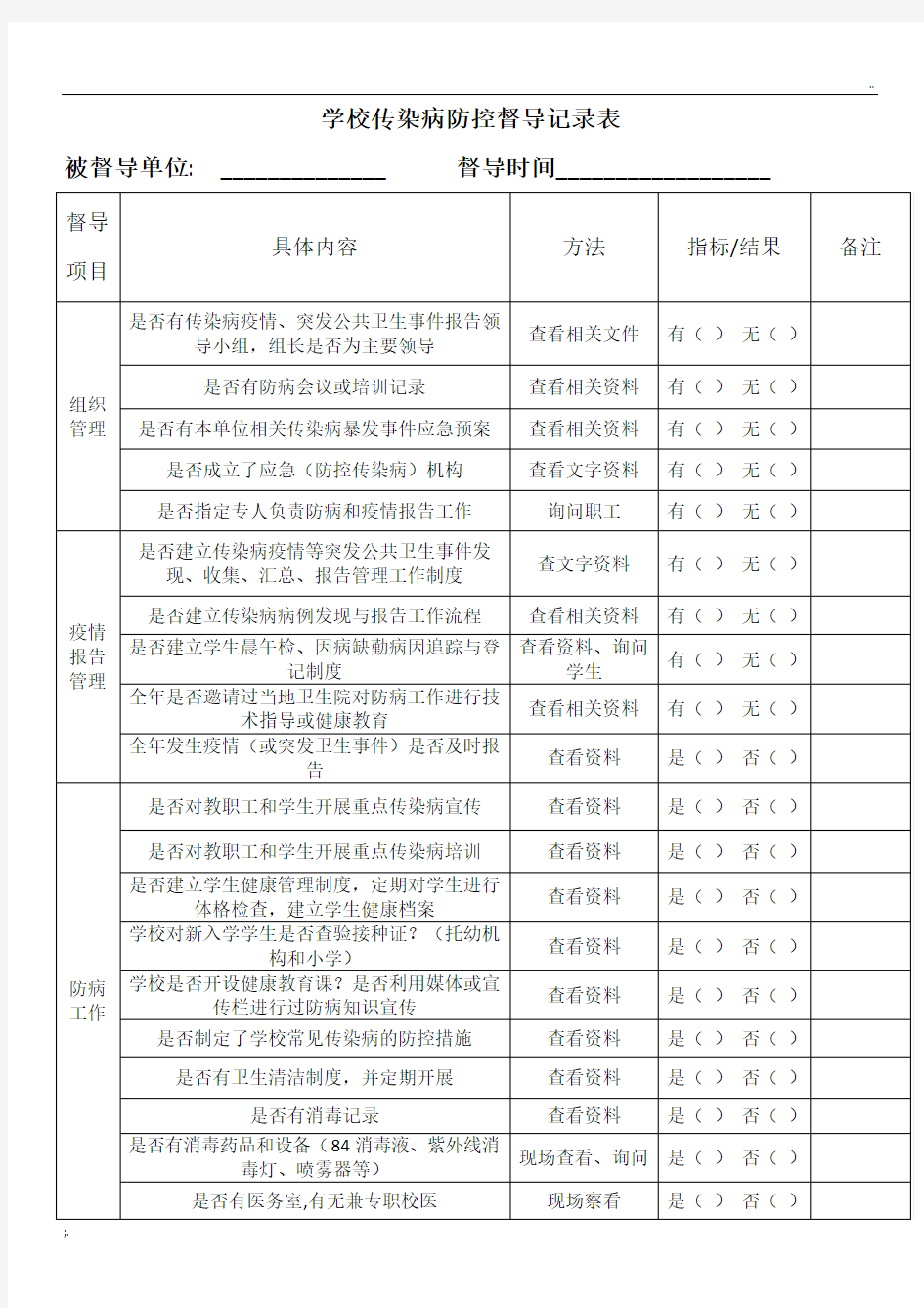 学校传染病防控工作督导表